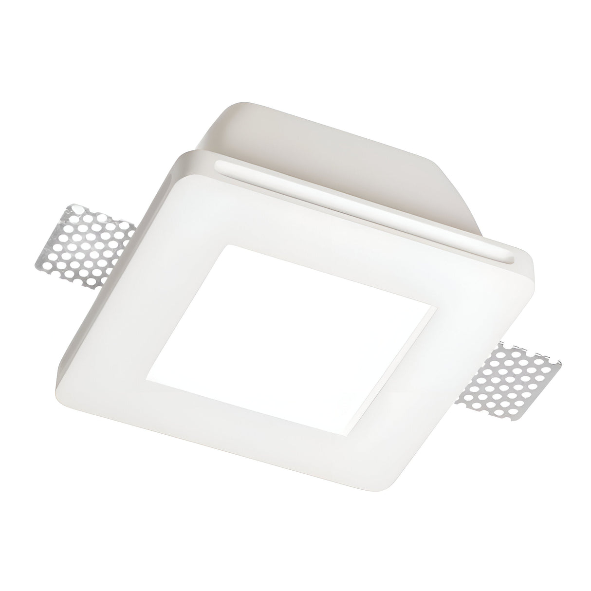 The Flairix-4 Square Recessed Downlight - White features a durable gypsum frame with perforated metal tabs on two sides, designed for seamless integration into ceiling surfaces.