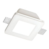 The Flairix-4 Square Recessed Downlight - White features a durable gypsum frame with perforated metal tabs on two sides, designed for seamless integration into ceiling surfaces.