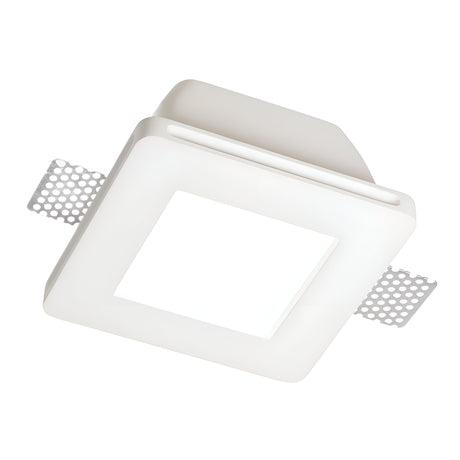 The Flairix-4 Square Recessed Downlight - White features a durable gypsum frame with perforated metal tabs on two sides, designed for seamless integration into ceiling surfaces.