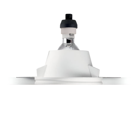 The Flairix-4 Square Recessed Downlight - White features a recessed design with a white housing and an exposed bulb. Its durable gypsum construction ensures longevity, making it ideal for modern or minimalist indoor settings. The downward-facing bulb adds an elegant touch to any room ambiance.