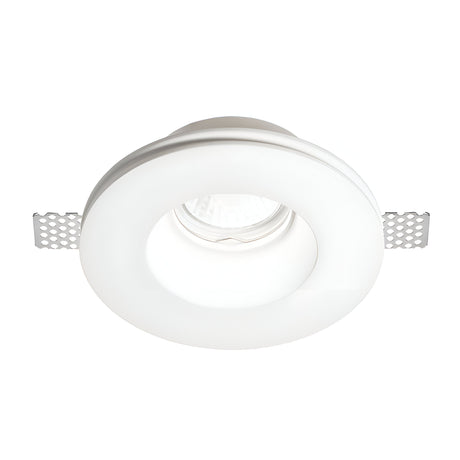 The Flairix-3 Round Recessed Downlight in white features two perforated metal tabs on opposite sides for easy installation. This dimmable light fixture offers a sleek, minimalistic design, making it a perfect modern lighting option for contemporary interiors.