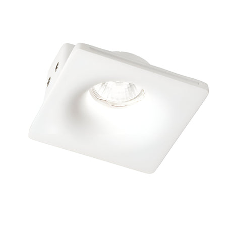 The Finny Recessed Downlight - White, 12cm is a modern, square-shaped fixture featuring dimmable technology with a clear bulb, set against a white background. Its design is sleek and minimalist.