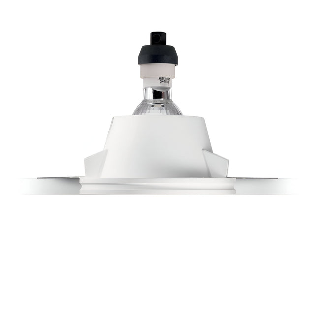 The Flairix-2 Square Recessed Downlight - White, with its transparent bulb and white circular trim, integrates effortlessly into a white background. This dimmable light boasts a black and gray component affixed to the bulb, making it ideal for contemporary gypsum construction.