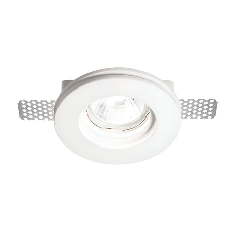 The Flairix-2 Round Recessed Downlight in white boasts a circular frame and two perforated metal wings for mounting. Designed with a visible light bulb, it utilizes a GU10 fitting for straightforward installation and efficient lighting in any setting.