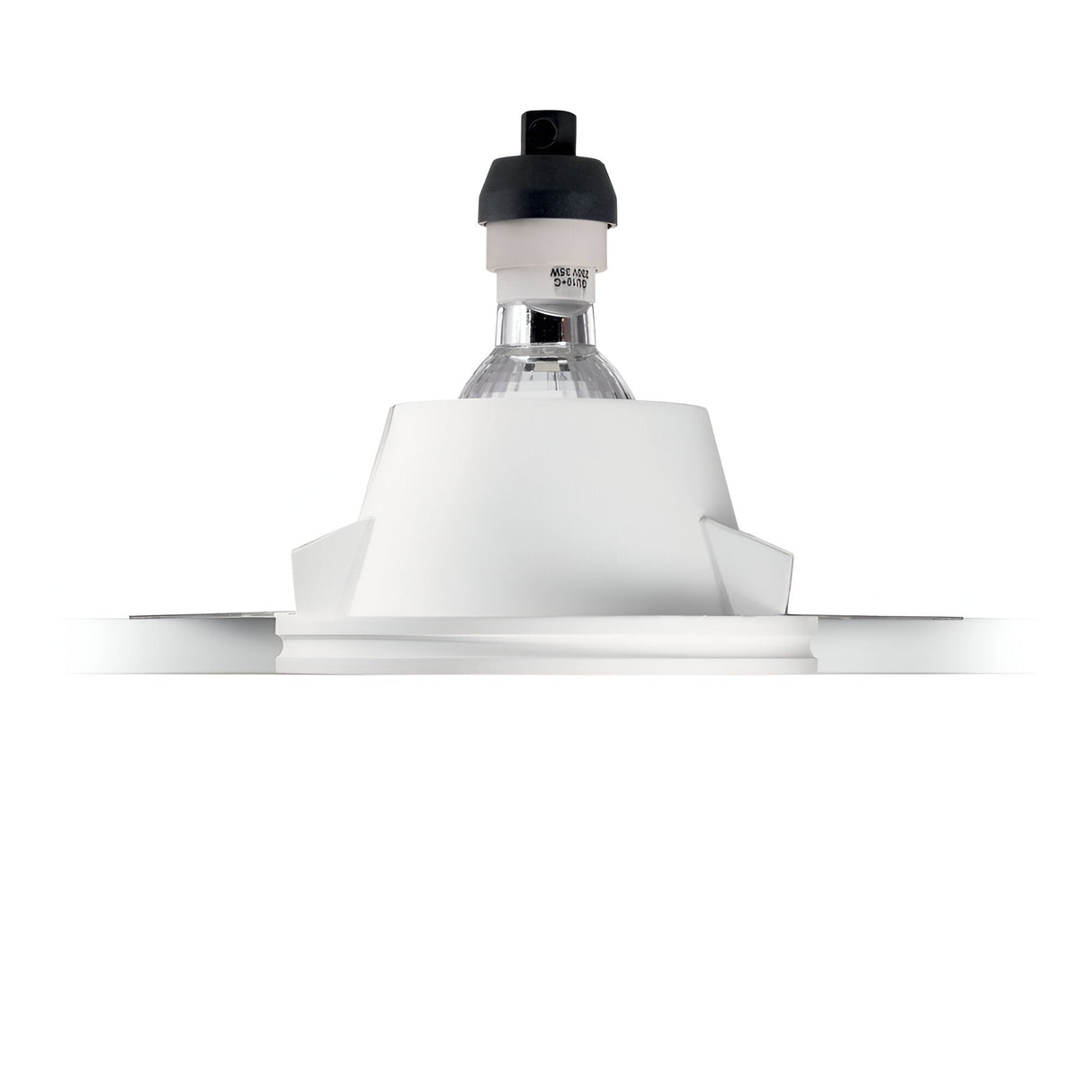 The Flairix-2 Round Recessed Downlight in white, featuring a GU10 bulb fitting and a clear ribbed design, is displayed against a plain white background with the fixture shown from a side view.