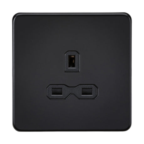 Introducing the sleek and modern 13A 1 Gang Unswitched Socket in a matt black finish with a black insert. This square electrical wall socket features three rectangular plug openings designed for universal compatibility, and it boasts a screwless flat plate for a refined look.