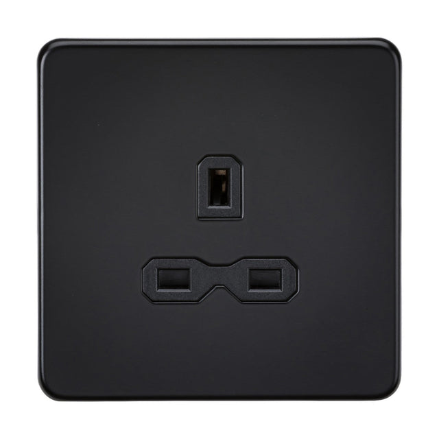 Introducing the sleek and modern 13A 1 Gang Unswitched Socket in a matt black finish with a black insert. This square electrical wall socket features three rectangular plug openings designed for universal compatibility, and it boasts a screwless flat plate for a refined look.