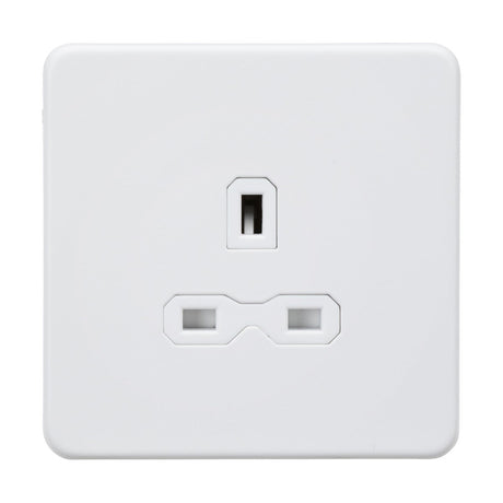 The 13A 1 Gang Unswitched Socket in a Matt White finish features a minimalist Screwless Flat Plate design with three vertically aligned rectangular slots, where the top slot is centrally placed above two parallel bottom slots, exuding an elegant touch.