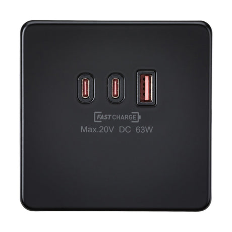 Experience the elegance of the Triple USB Charger Plate in a sophisticated matt black finish, featuring a screwless low profile design with two USB-C ports and one larger USB-A port. The charger is labeled with "FAST CHARGE Max. 20V DC 63W" for efficient power delivery.