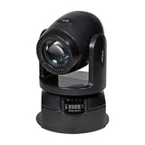 QTX GOBO Beam 100W LED moving head light in matte black with round lens, yoke bracket and control panel with digital display, on a white background.