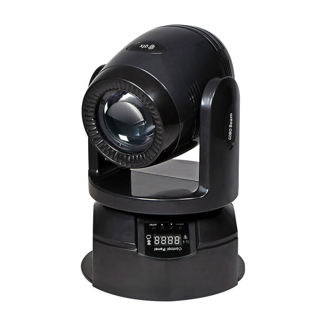 QTX GOBO Beam 100W LED moving head light in matte black with round lens, yoke bracket and control panel with digital display, on a white background.