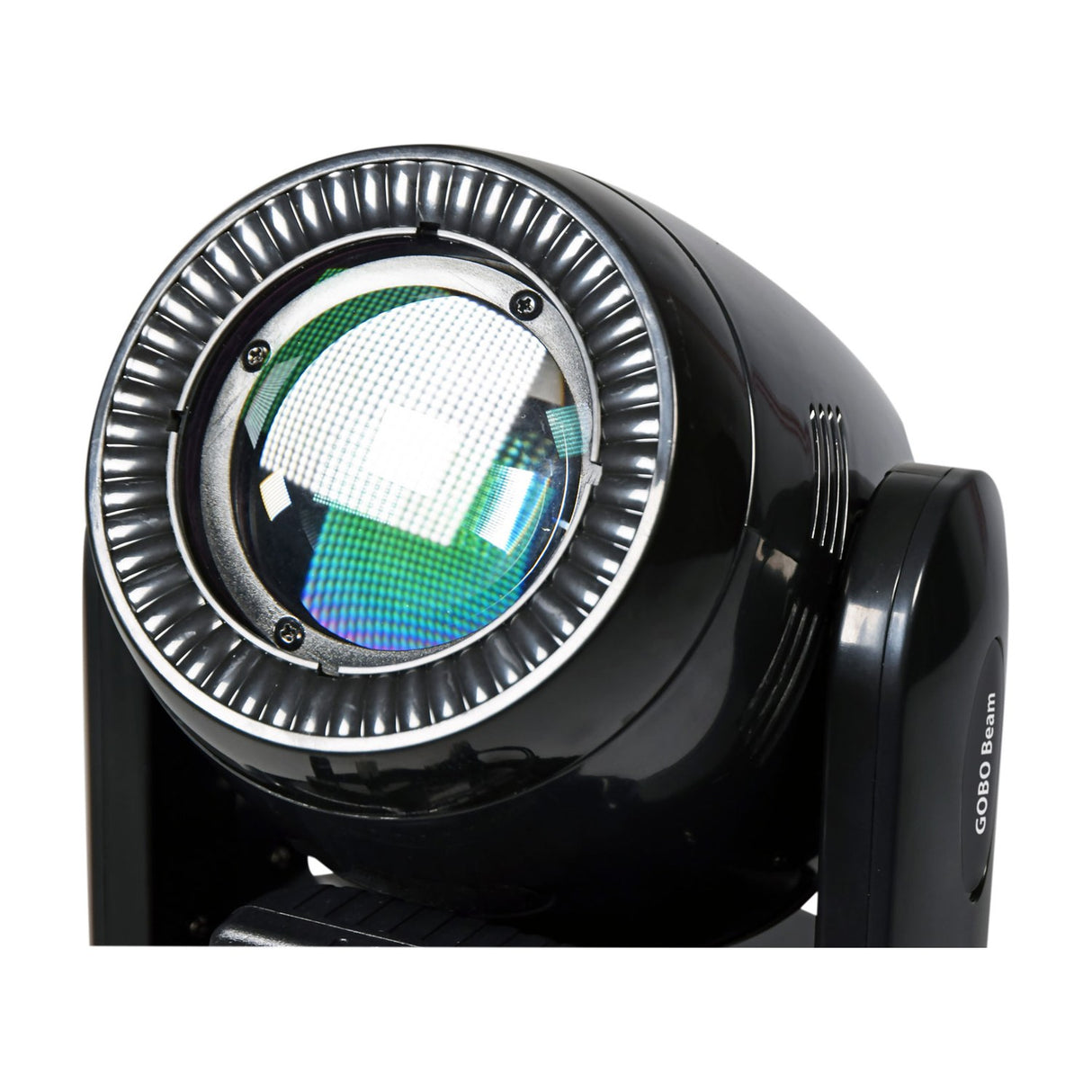 Close-up of the QTX GOBO Beam 100W LED moving head light by AVSL, showing the front lens ringed by ridged detailing on a black casing.