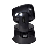 QTX GOBO Beam 100W LED moving head light by AVSL in matte black, shown from the side with rotating head, control panel and digital display on the base.