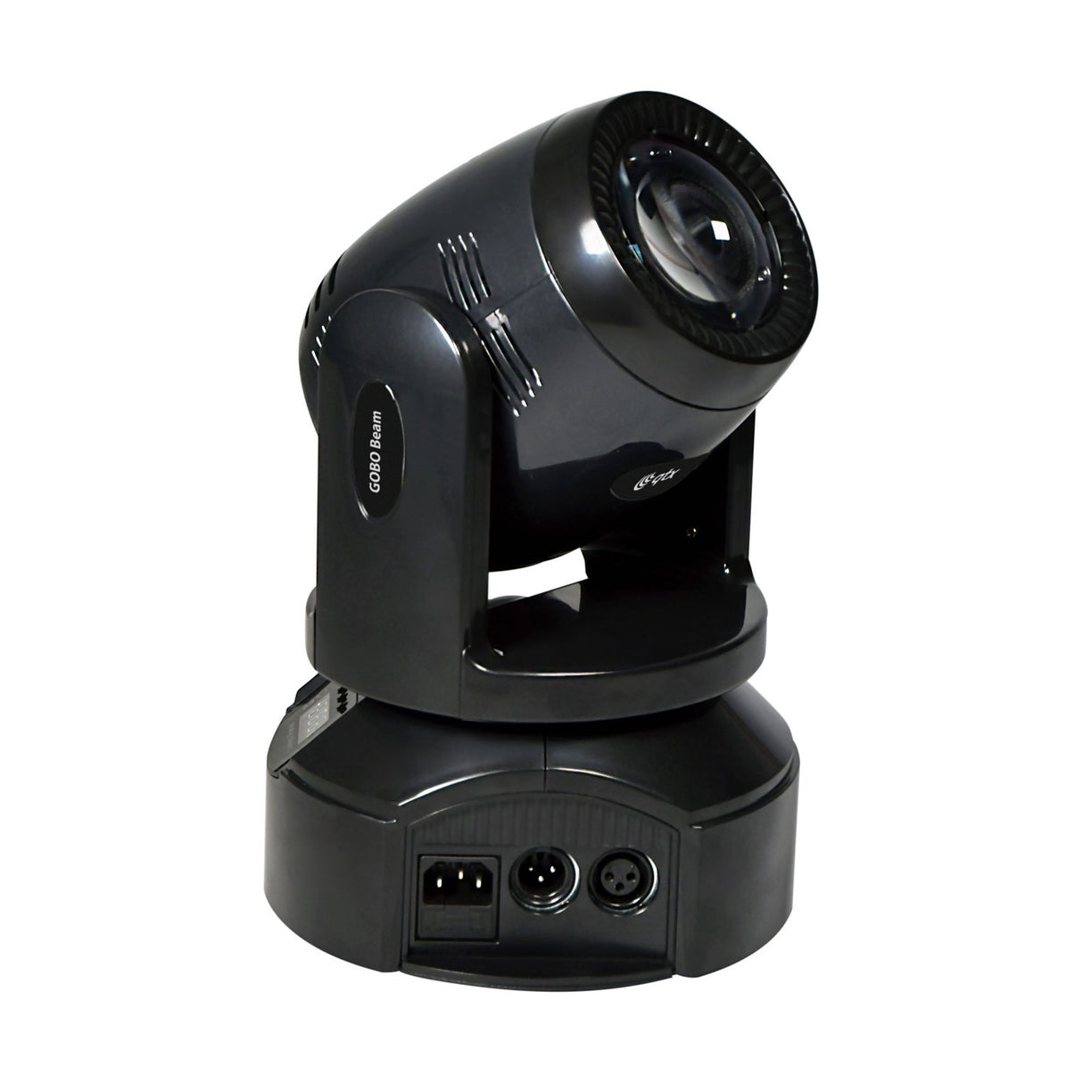 QTX GOBO Beam 100W LED moving head light in black with tilted lens head, base-mounted IEC power inlet and 3-pin XLR DMX in/out sockets.