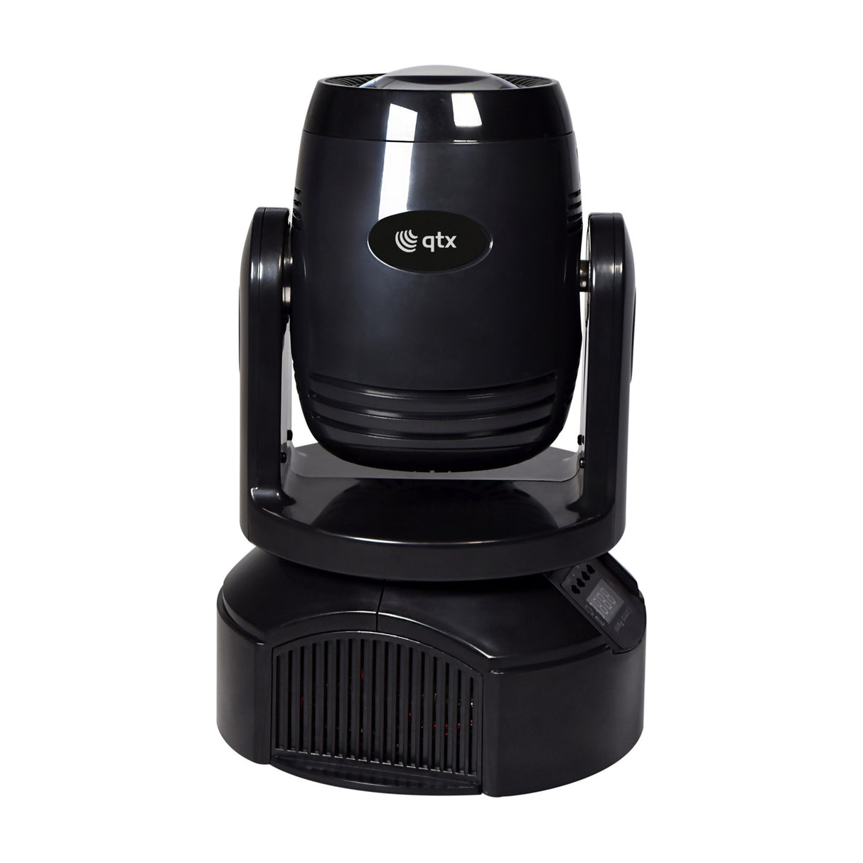 QTX GOBO Beam 100W LED moving head light with black casing, rotating head on yoke bracket, front lens, control display on base, shown on white background.