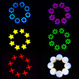 QTX GOBO Beam 100W LED moving head light projection grid showing blue, pink, yellow star, green flower, red cross and white circular gobo patterns.