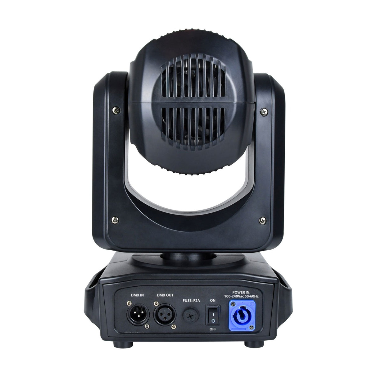 Rear view of the Citronic Orbis 100 100W LED moving head showing vented casing, DMX in/out ports, fuse, power switch and twist-lock inlet.