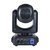 Rear view of the Citronic Orbis 100 100W LED moving head showing vented casing, DMX in/out ports, fuse, power switch and twist-lock inlet.