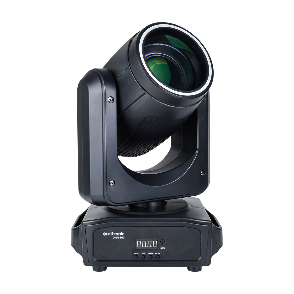 Citronic Orbis 100 LED beam moving head with black casing, tilted lens head, RGB outer ring and digital control panel on a plain white background.