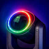 Close-up of the Citronic Orbis 100 LED beam moving head by AVSL, showing the front lens ringed by illuminated RGB strobe LEDs against a blue backdrop.