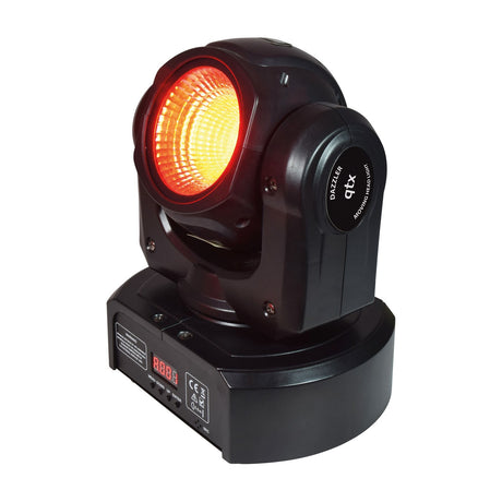 QTX 80W RGBWA COB LED moving head light in matte black, front lens glowing amber, with DMX control panel and display on the base, on a white background.