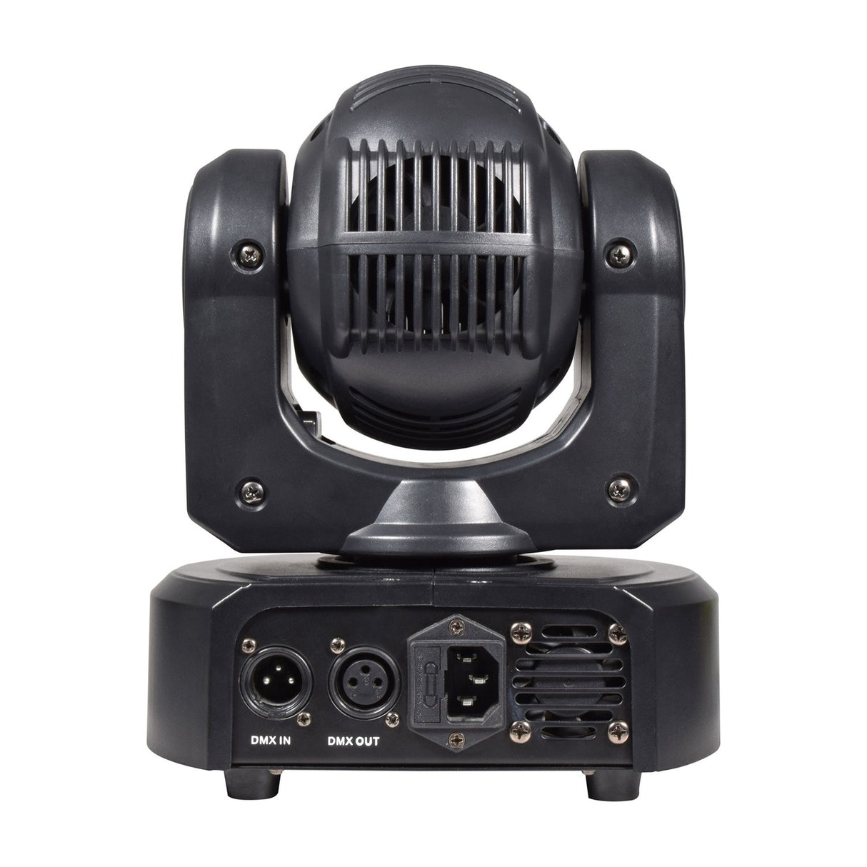 Rear view of the QTX 80W RGBWA COB LED moving head light by AVSL, showing the vented head, DMX in/out XLR ports and IEC power inlet on the base.