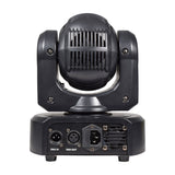 Rear view of the QTX 80W RGBWA COB LED moving head light by AVSL, showing the vented head, DMX in/out XLR ports and IEC power inlet on the base.