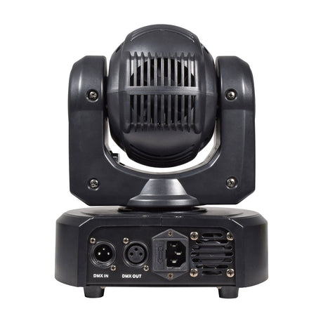 Rear view of the QTX 80W RGBWA COB LED moving head light by AVSL, showing the vented head, DMX in/out XLR ports and IEC power inlet on the base.