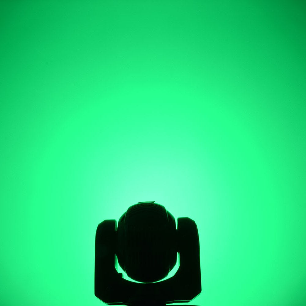 QTX 80W RGBWA COB LED moving head light by AVSL, silhouetted head and yoke shown from the front against a saturated green wash background.