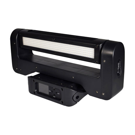 Citronic Infinity RGB Flying Strobe Moving Head by AVSL with LED strobe bar, matte black casing and LCD control panel, on a white background.