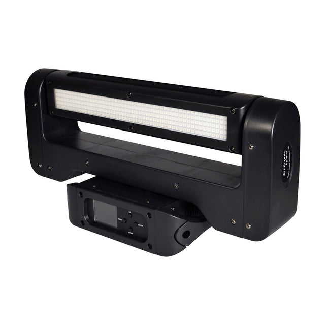 Citronic Infinity RGB Flying Strobe Moving Head by AVSL with LED strobe bar, matte black casing and LCD control panel, on a white background.