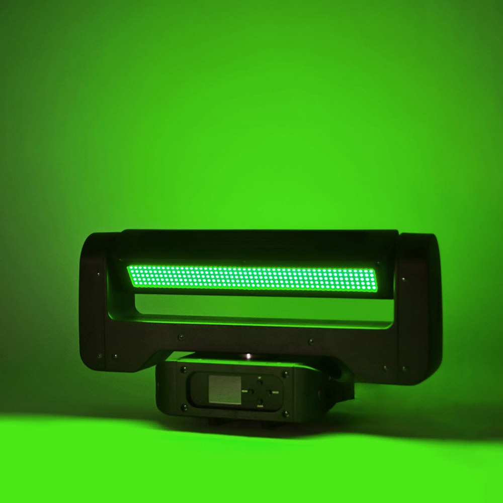 Citronic Infinity RGB Flying Strobe Moving Head by AVSL, shown front-on with its LED panel lit green against a green-washed background.