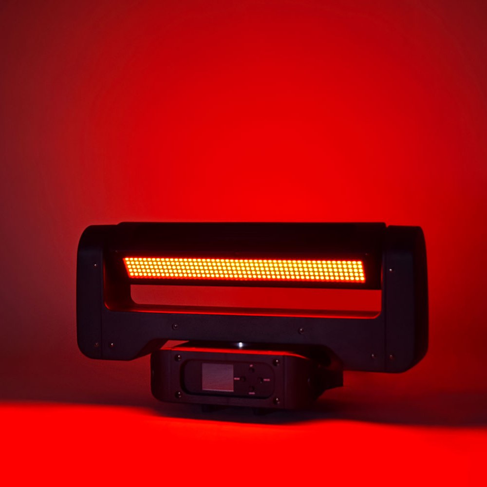 Citronic Infinity RGB Flying Strobe Moving Head by AVSL, wide black strobe bar with lit LED panel, tilt yoke and control base, glowing red.