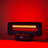 Citronic Infinity RGB Flying Strobe Moving Head by AVSL, wide black strobe bar with lit LED panel, tilt yoke and control base, glowing red.