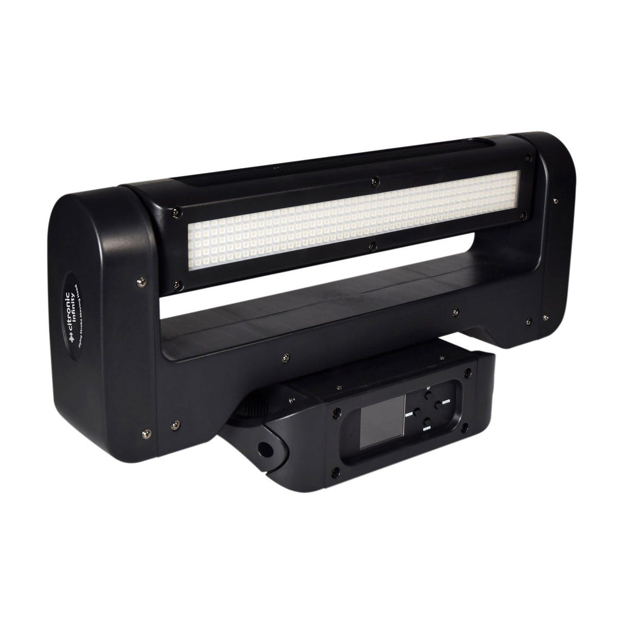 Citronic Infinity RGB Flying Strobe Moving Head with matte black casing, LED strobe panel, and control display on the base, shown on a white background.