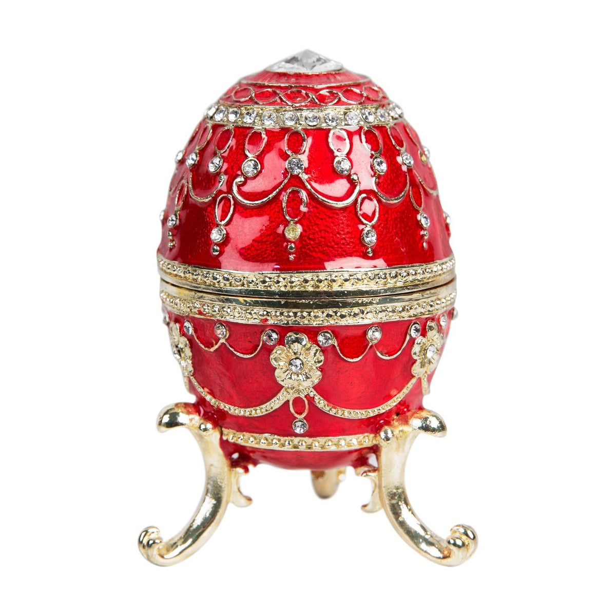 Large Handpainted Egg Metal Trinket Box on Scroll Feet - Red