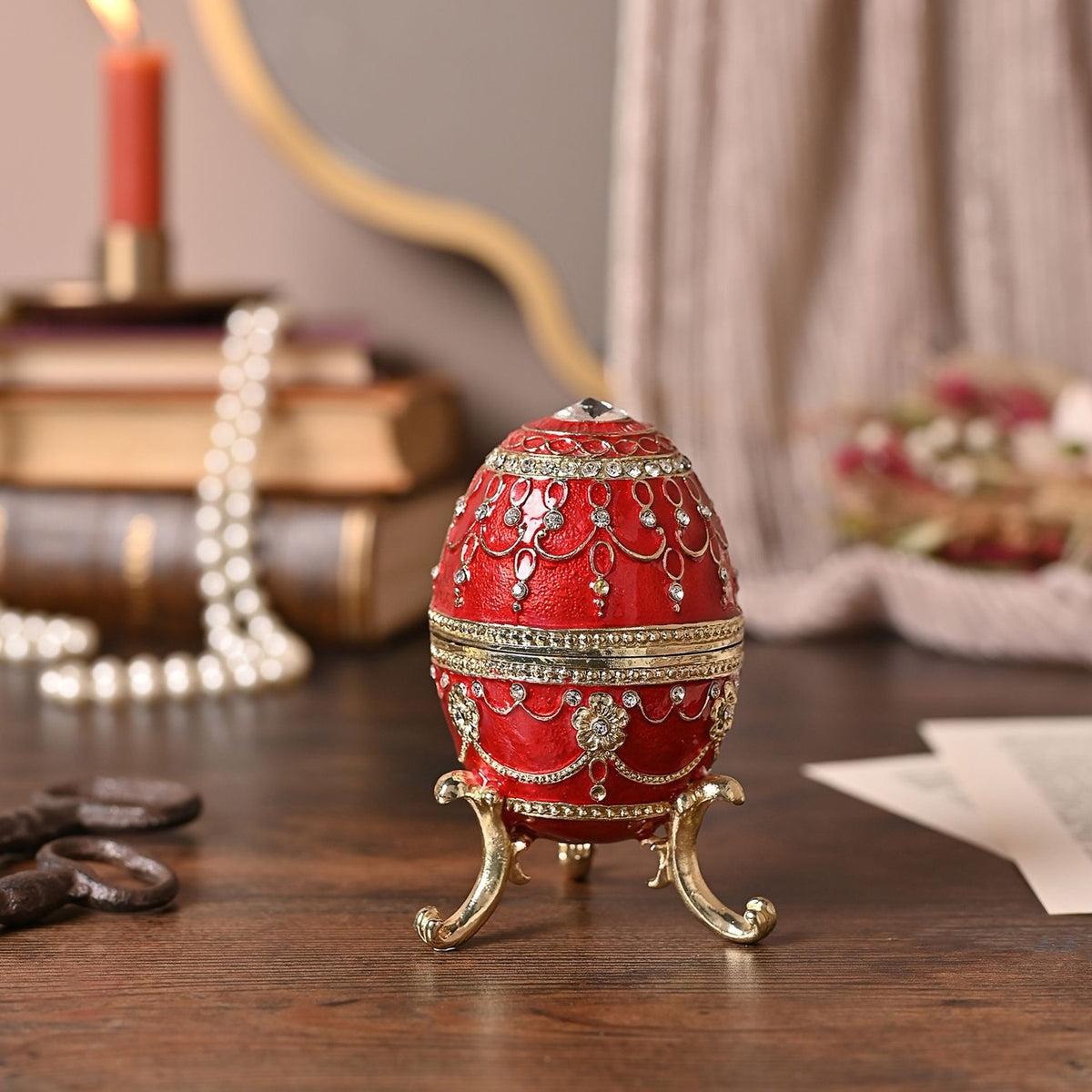 Large Handpainted Egg Metal Trinket Box on Scroll Feet - Red