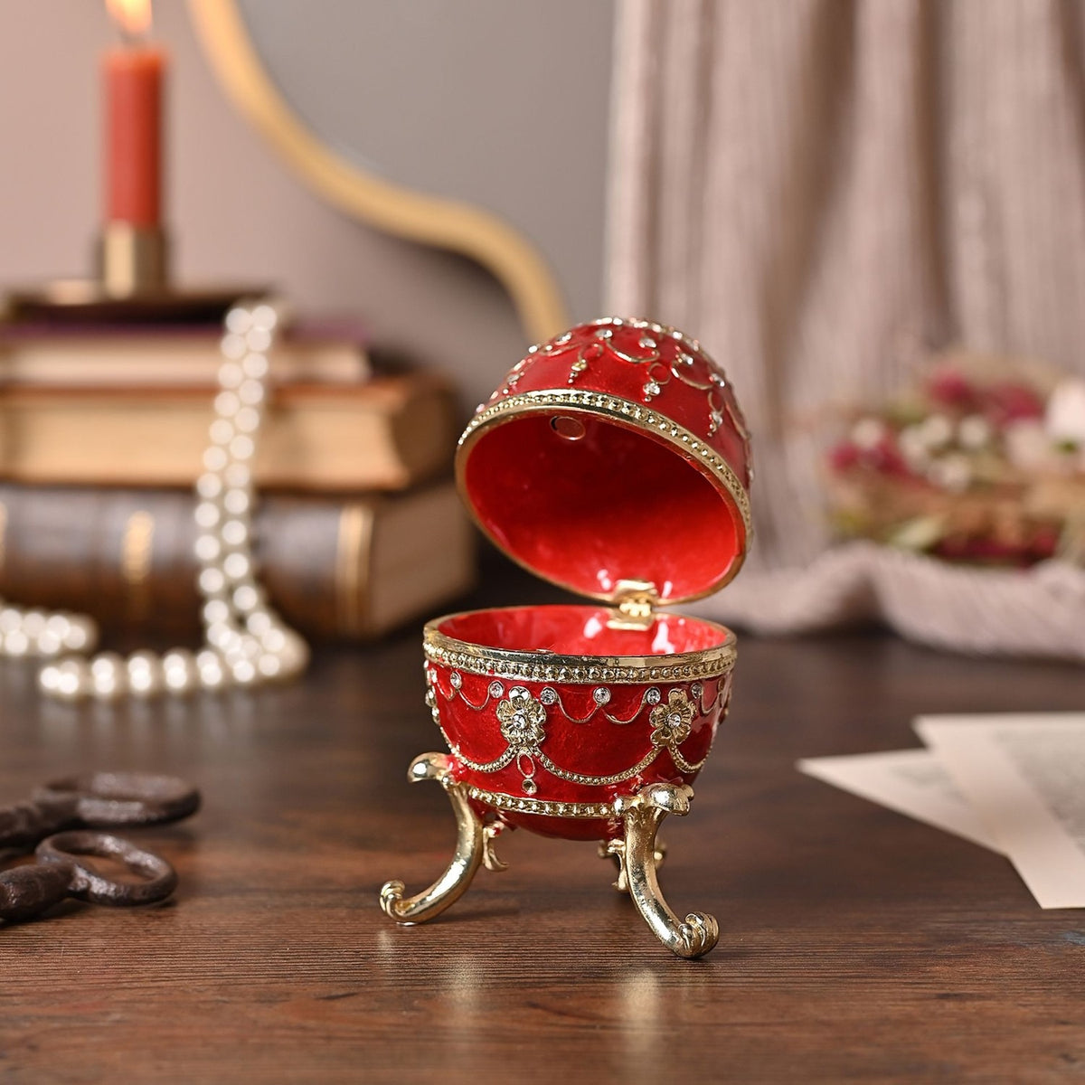 Large Handpainted Egg Metal Trinket Box on Scroll Feet - Red