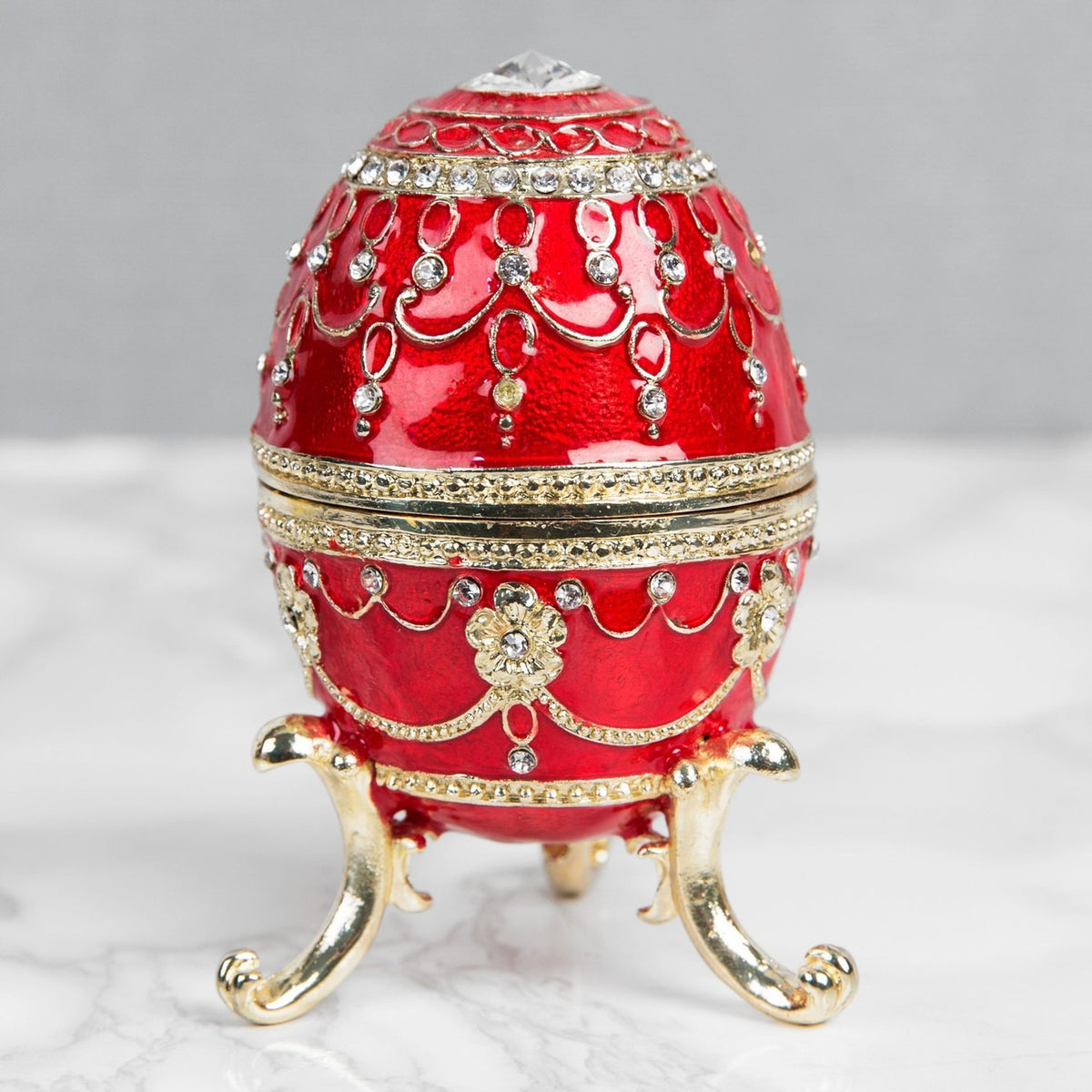 Large Handpainted Egg Metal Trinket Box on Scroll Feet - Red