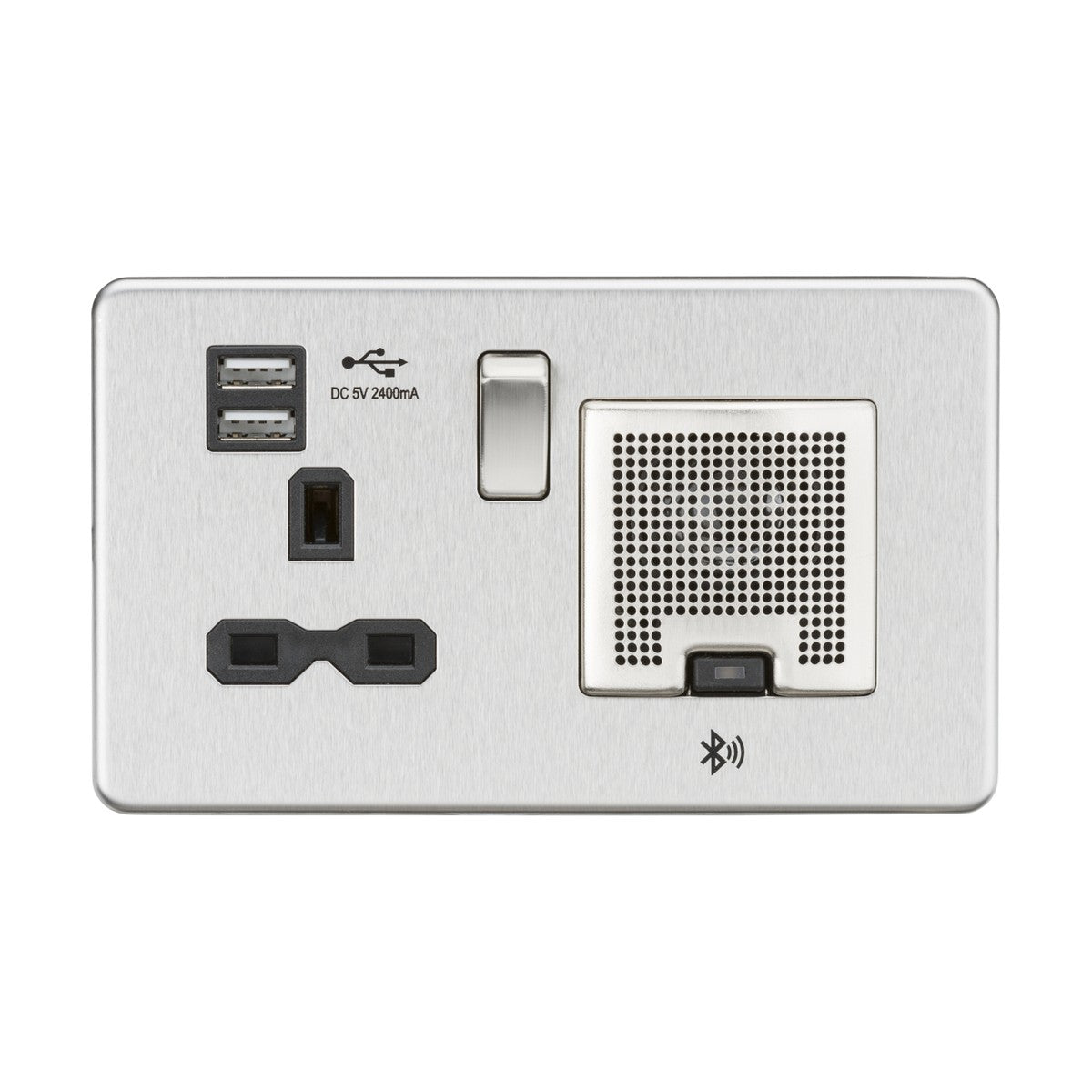 13A Socket Bluetooth Speaker and Dual USB A+A (5V DC 2.4A shared) - Brushed Chrome with Black Insert