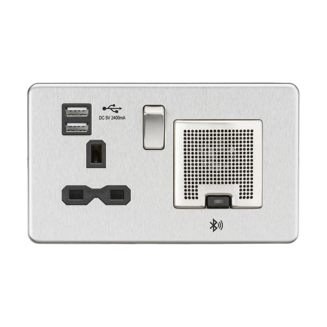 13A Socket Bluetooth Speaker and Dual USB A+A (5V DC 2.4A shared) - Brushed Chrome with Black Insert