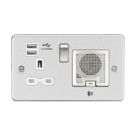 13A Socket Bluetooth Speaker and Dual USB A+A (5V DC 2.4A shared) - Brushed Chrome with White Insert