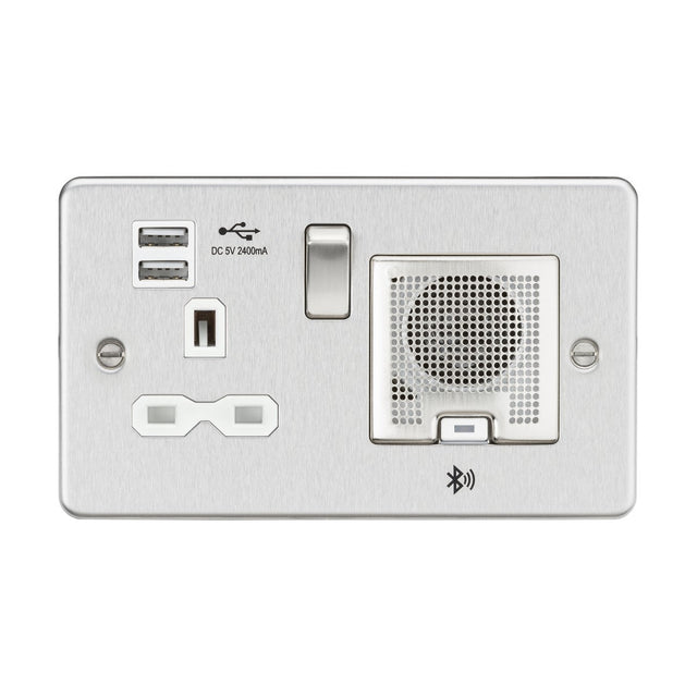 13A Socket Bluetooth Speaker and Dual USB A+A (5V DC 2.4A shared) - Brushed Chrome with White Insert