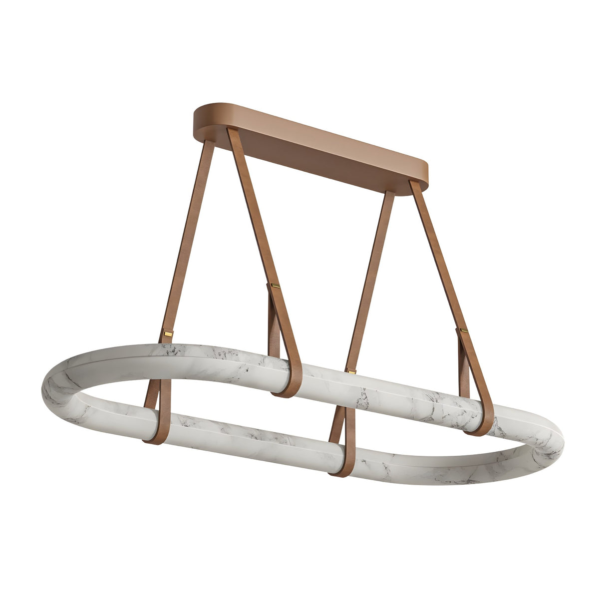 The Cintura LED Large Alabaster Floating Suspension Light – Soft White features a modern oval marble-patterned ring, suspended by four brown leather-like straps from a rectangular ceiling mount, elegantly displayed on a plain white background.