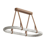 The Cintura LED Large Alabaster Floating Suspension Light – Soft White features a modern oval marble-patterned ring, suspended by four brown leather-like straps from a rectangular ceiling mount, elegantly displayed on a plain white background.