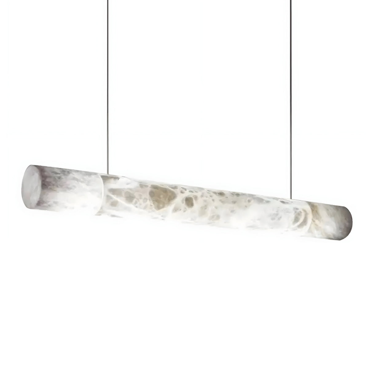 The Zareon LED Large Linear Alabaster Suspension Light – Soft White features a modern cylindrical design and marbled translucent finish, suspended by two thin wires against a plain white background.