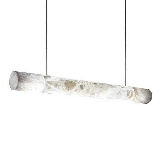 The Zareon LED Large Linear Alabaster Suspension Light – Soft White features a modern cylindrical design and marbled translucent finish, suspended by two thin wires against a plain white background.