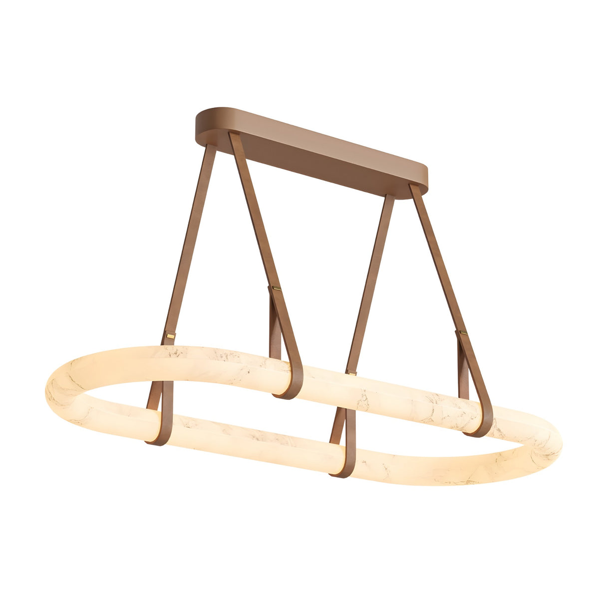 The Cintura LED Large Alabaster Floating Suspension Light – Soft White features a rectangular bronze base with four angled supports holding an oval, marble-textured LED ring, elegantly suspended against a white background.