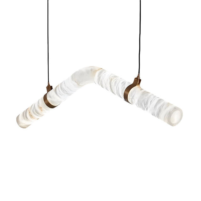 The Zareon LED Large Articulated Alabaster Suspension Light – Soft White features a modern V-shaped design with a frosted, textured glass tube suspended by black cords from bronze-colored brackets.