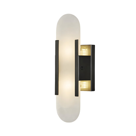The Lirone 1 Light Small Vertical Capsule Alabaster Wall Light in soft white and black features an oval alabaster shade with two vertical black accents on a rectangular base, providing gentle, diffused lighting for modern interiors.